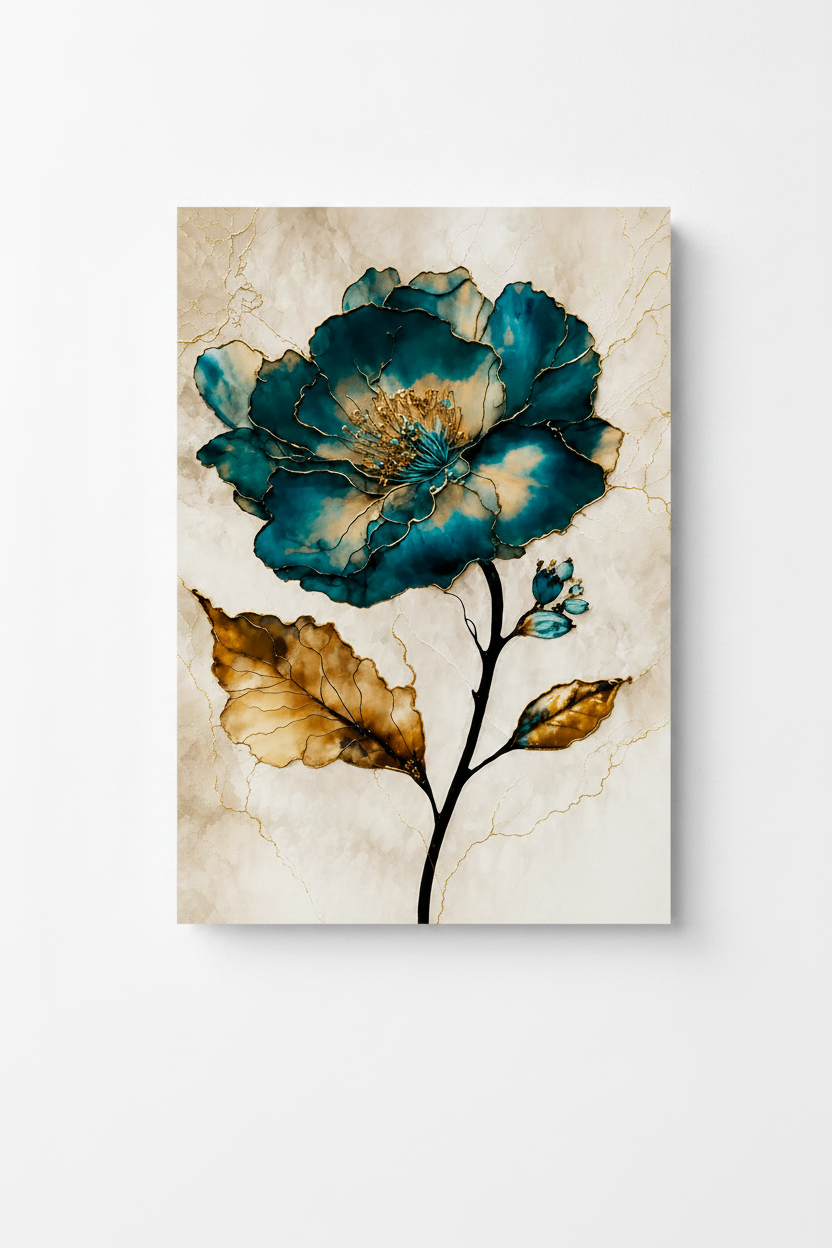 Floral Blue Gold Traditional Glossy Poster
